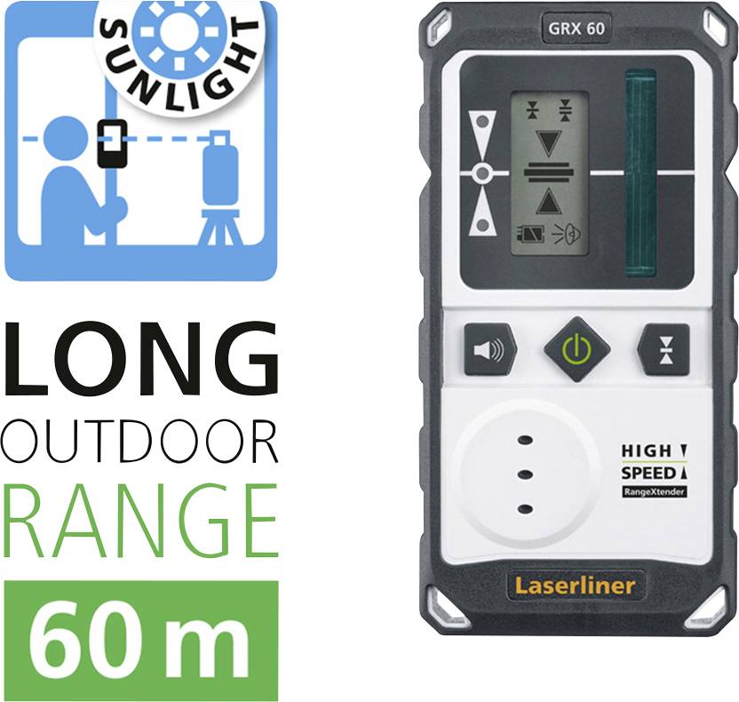 'Laserliner GRX 60' Laser Distance Meter with graphic display and display 'LONG OUTDOOR RANGE 60 m'. Sunlight exposure symbol.