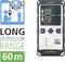 'Laserliner GRX 60' Laser Distance Meter with graphic display and display 'LONG OUTDOOR RANGE 60 m'. Sunlight exposure symbol.