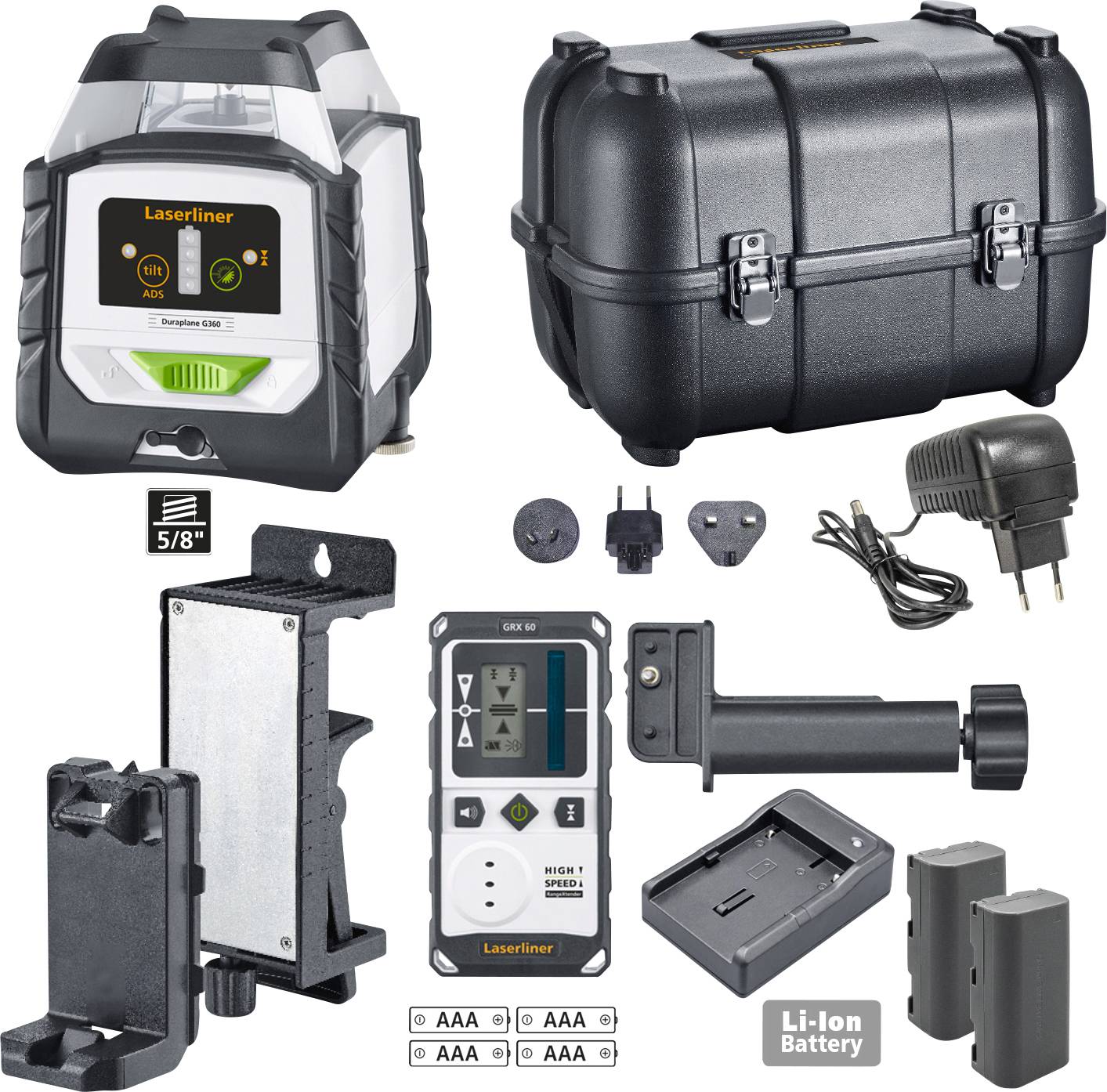The image shows a laser measuring device set with the device, a sturdy case, charger, various batteries, and an international adapter.
