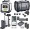 The image shows a laser measuring device set with the device, a sturdy case, charger, various batteries, and an international adapter.
