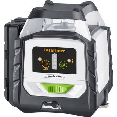 A laser levelling device with 'Laserliner' display. Shows functions such as gradient and ADS mode. Compact, black and white design.