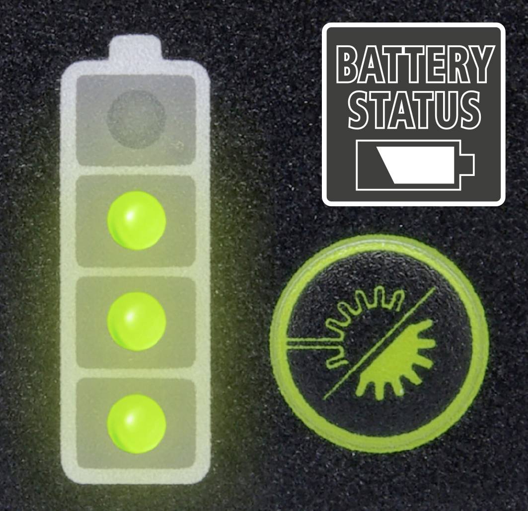 Three green lights indicate full battery charge. On the right, a circular symbol. Top right, a symbol with 'BATTERY STATUS'.