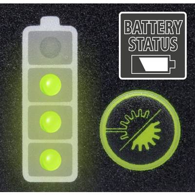 Three green lights indicate full battery charge. On the right, a circular symbol. Top right, a symbol with 'BATTERY STATUS'.