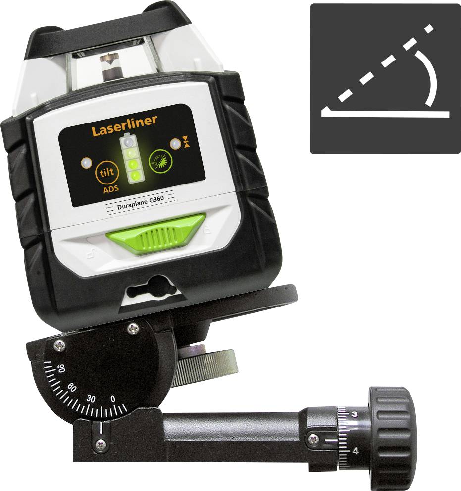 A digital inclinometer with an LCD display shows the angle. Next to it is a symbol featuring a semicircular measuring instrument.