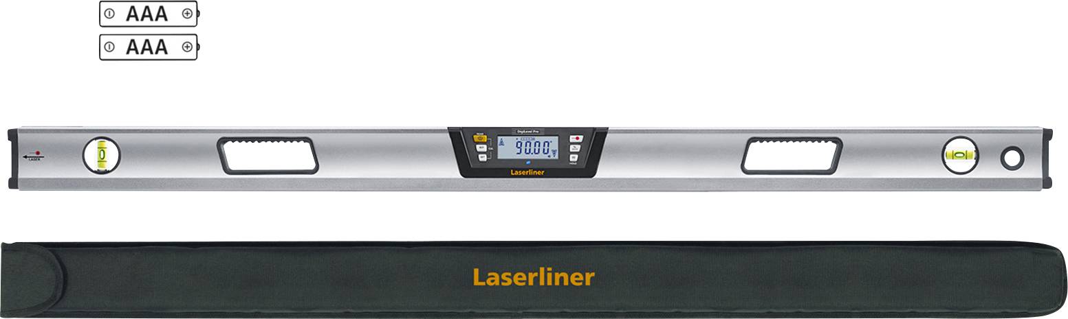 Spirit level with digital display in the centre, two bubble vials at the ends and a black carry case with the inscription 'Laserliner'.