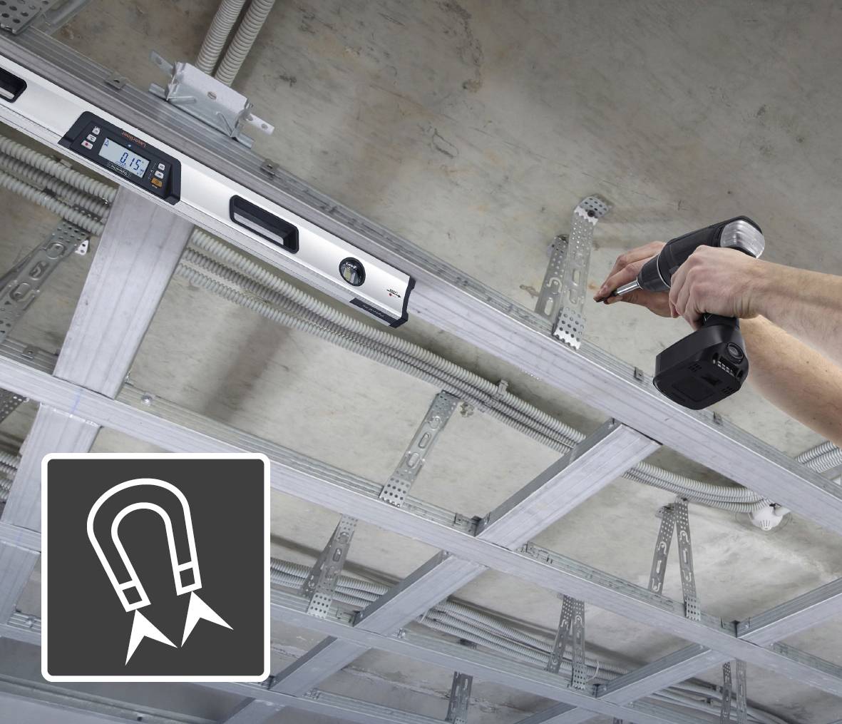 'Magnetic spirit level shows 0.5 degrees. Person fastens metal frame to the ceiling with a cordless drill. Tool symbol in the foreground.'