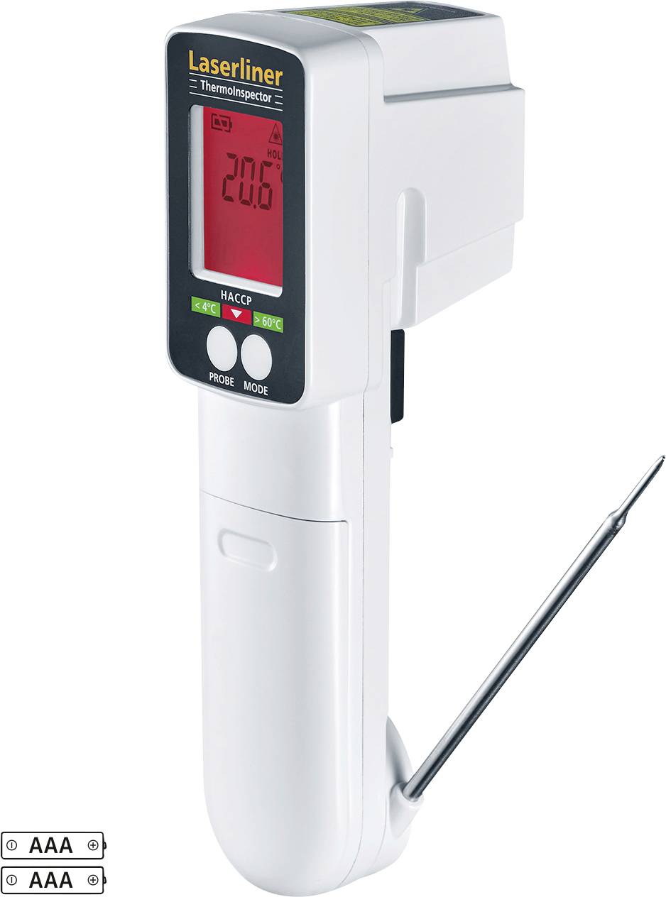 'Laserliner Thermospotter' with foldout probe, displays 20.6°C on digital screen. Uses AAA batteries.