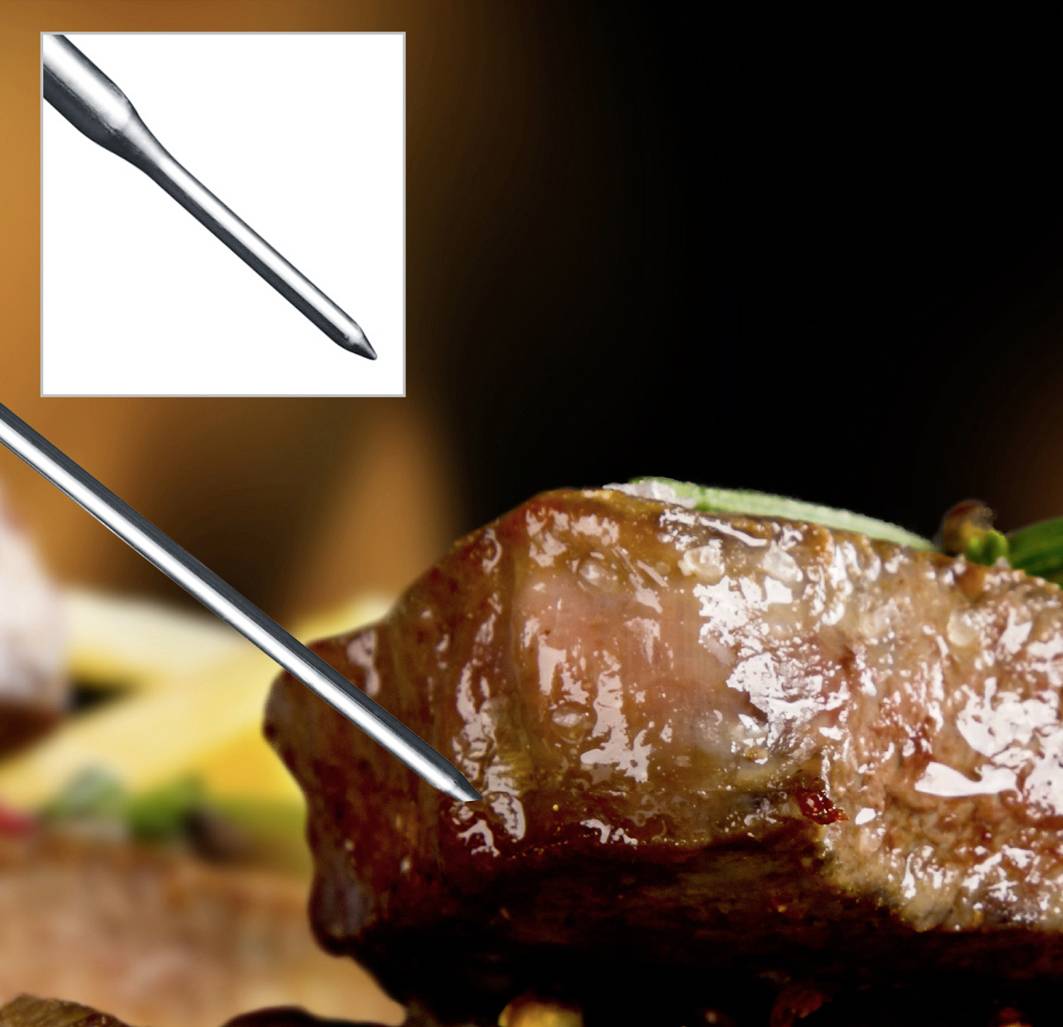 A succulent piece of meat sits on a plate. In the top right, there is an enlarged image of a thin metal syringe.