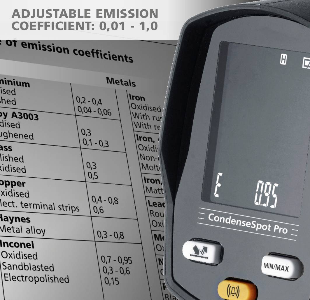 'CondenseSpot Pro' measuring device shows emission coefficient of 0.95. Table on the left contains metal types and corresponding emission values.