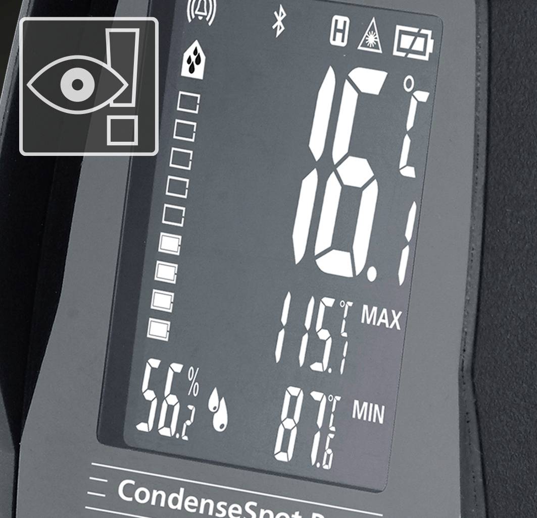 Digital display of a hygrometer showing temperature 16.1°C, humidity 56.2%, and high water accumulation at 87.6%.