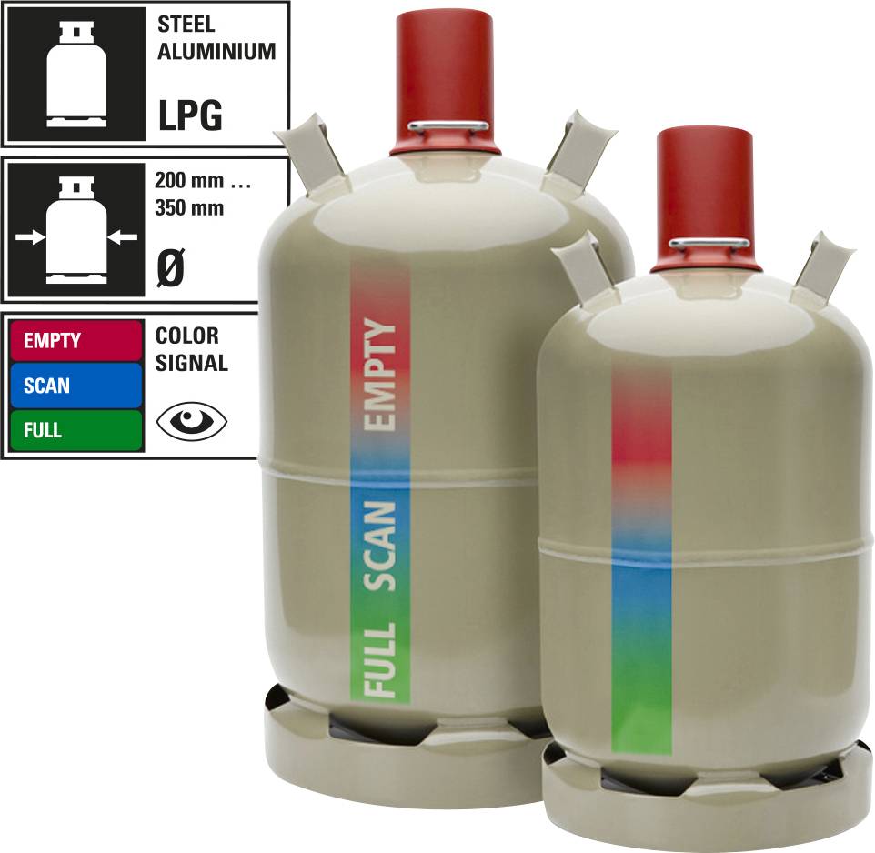 Two gas cylinders made of steel and aluminium with colour indicators: Red for 'EMPTY', Green for 'SCAN', Blue for 'FULL'. Markings indicate fill level.