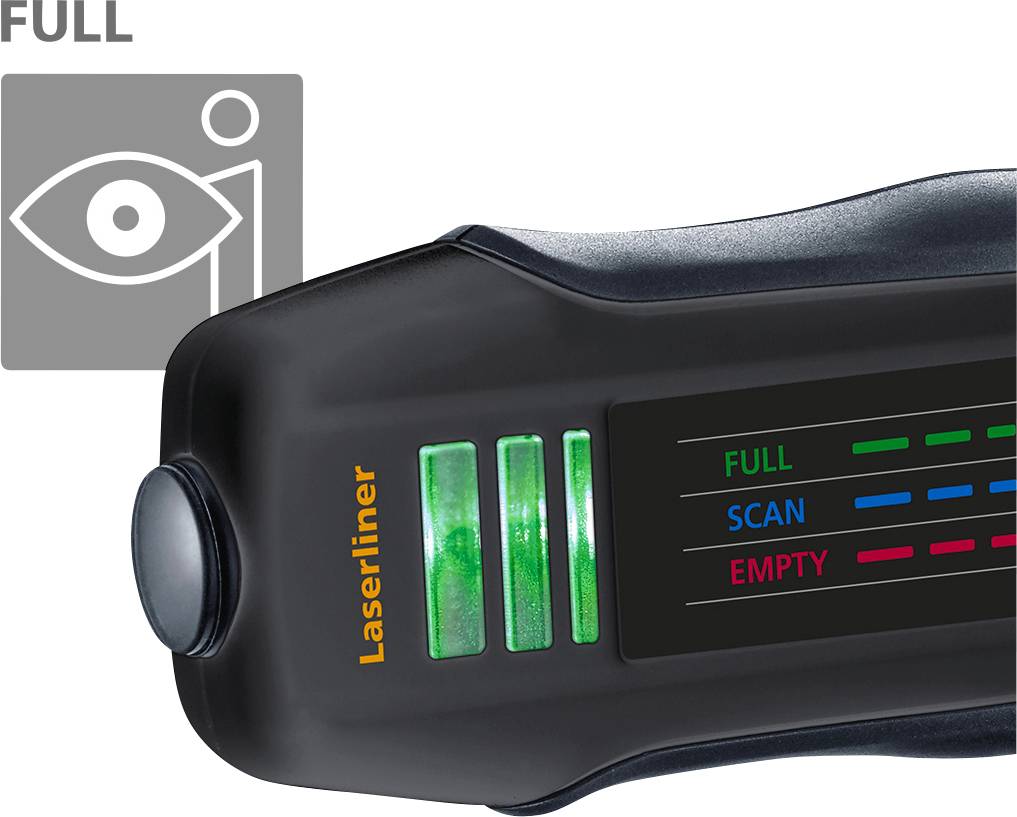 A digital measuring device indicates with a light bar that the measurement process is complete. The status is 'FULL'.