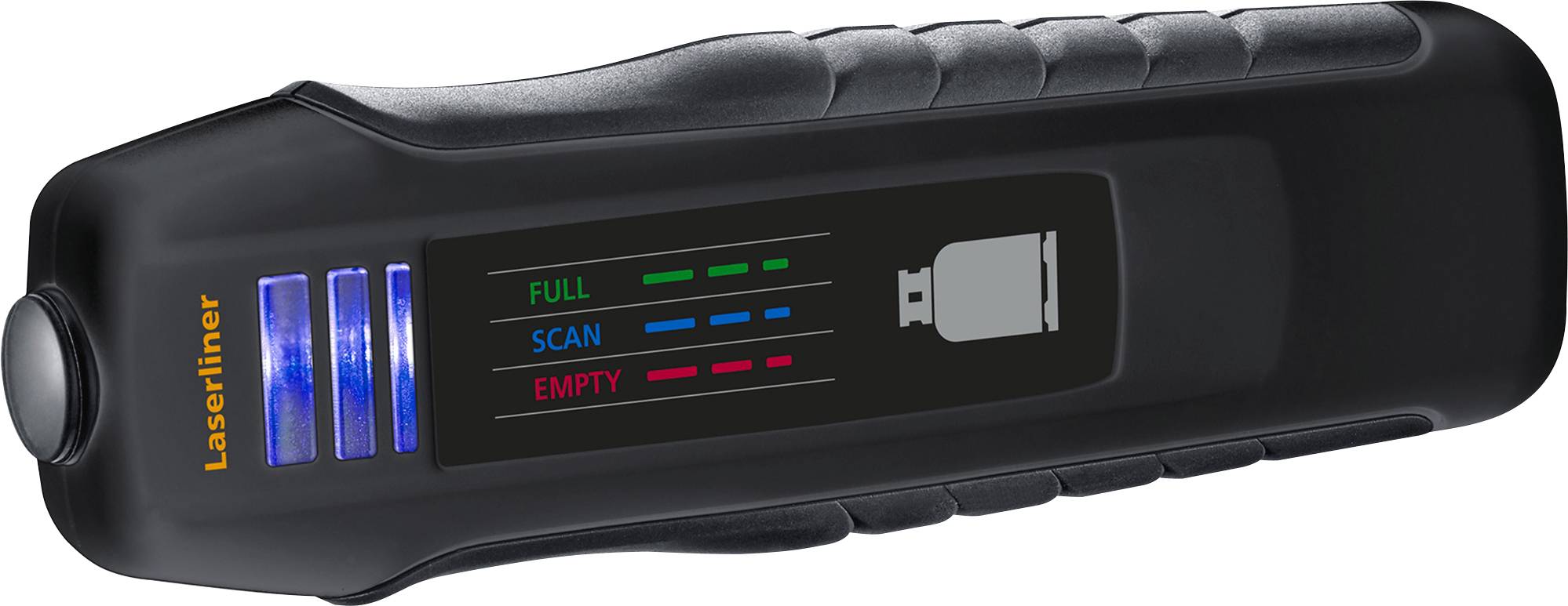 Hand-held device for measuring the fill level of gas cylinders, with digital display and buttons.