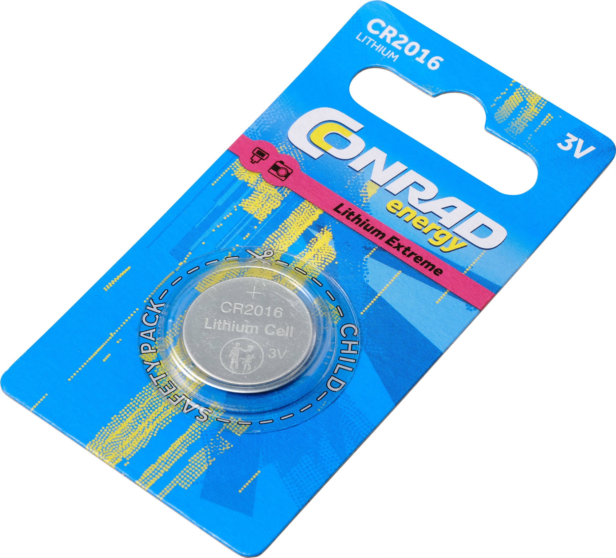 CR2016 battery by Conrad, 3V Lithium Cell, in blue packaging with yellow pattern and safety instructions.