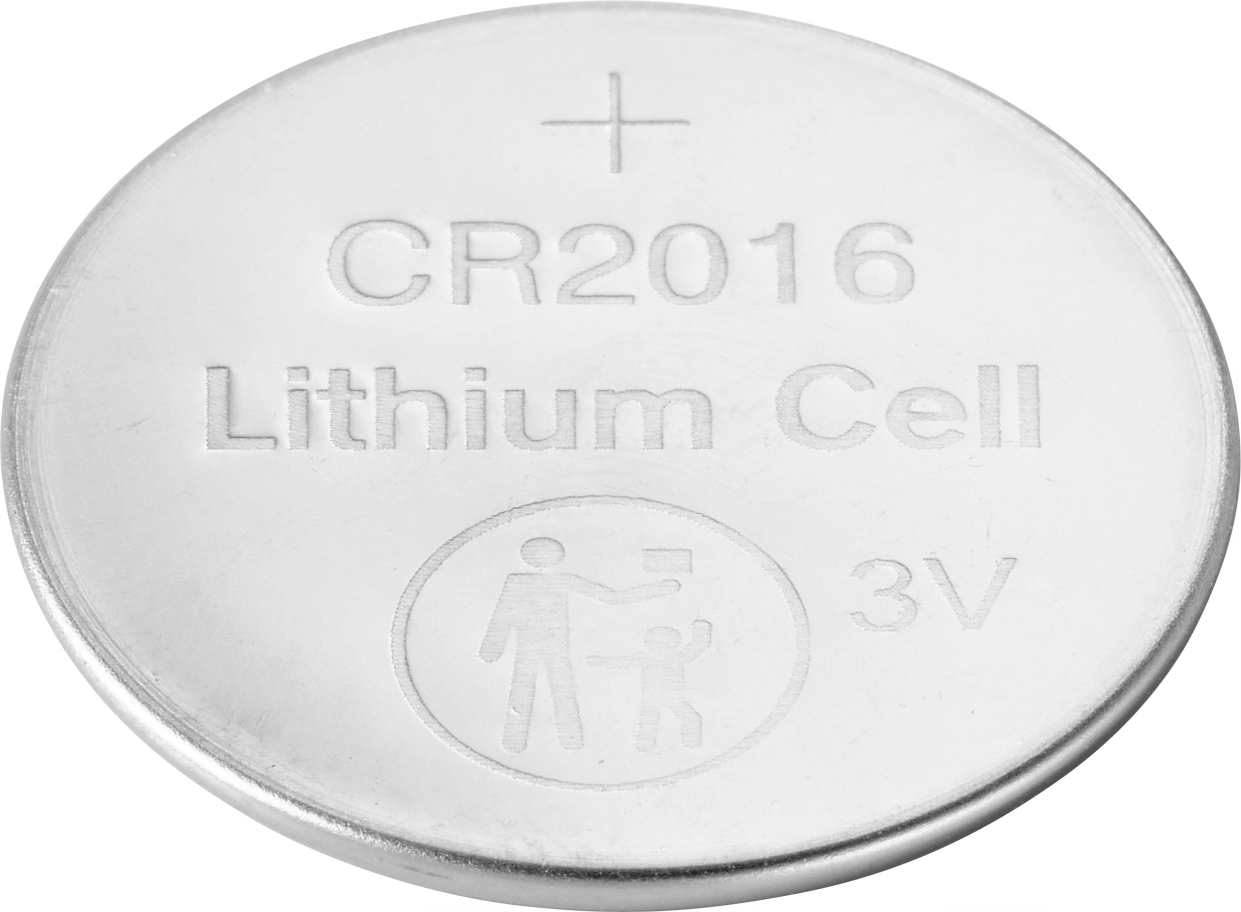 Silver button cell battery with the inscription 'CR2016 Lithium Cell 3V' and a symbol warning against children swallowing it.
