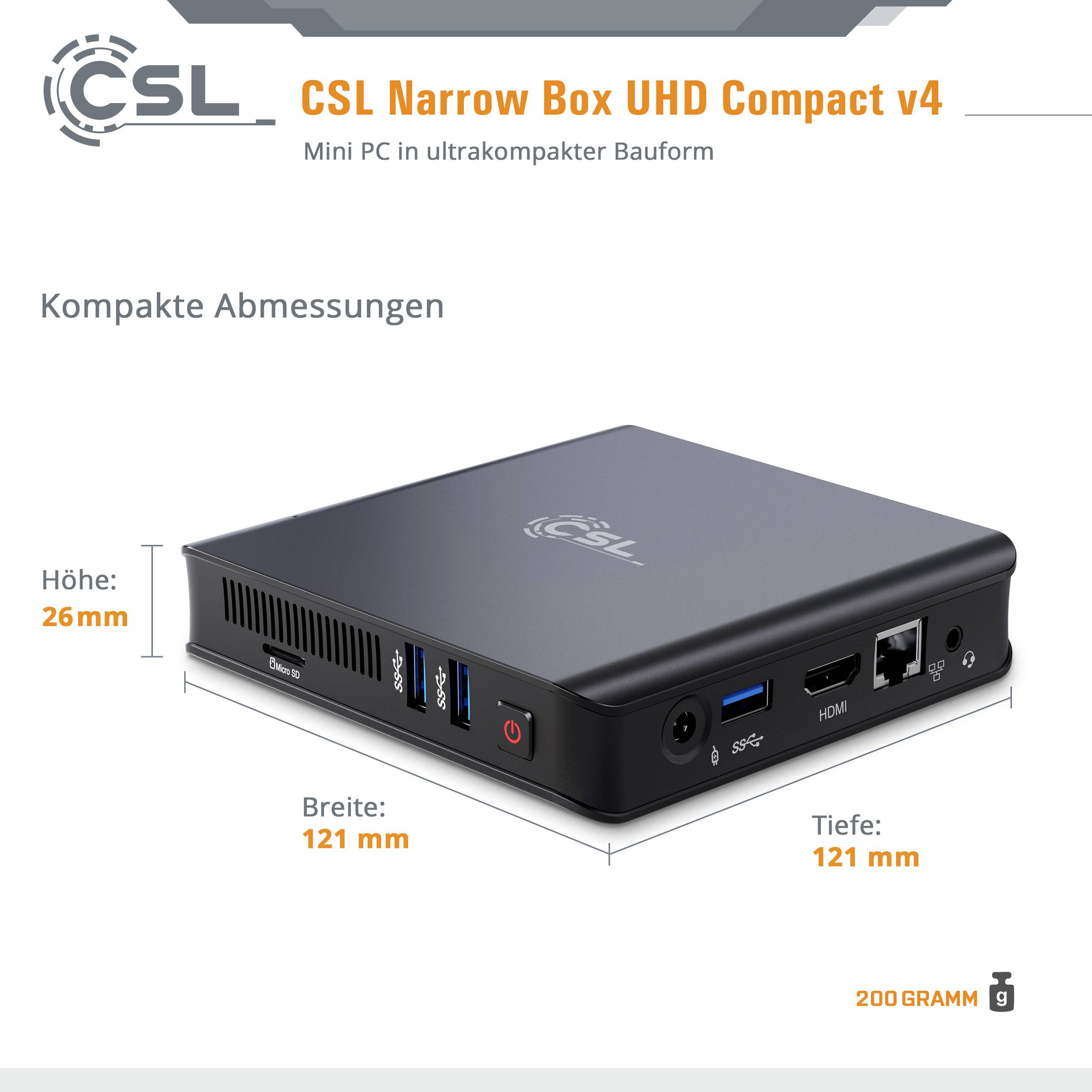 CSL Computer Mini PC Narrow Box Ultra HD Compact v4 Intel® Celeron® N4120 2.6 GHz 128 GB eMMC Win 10 Home 81563-6