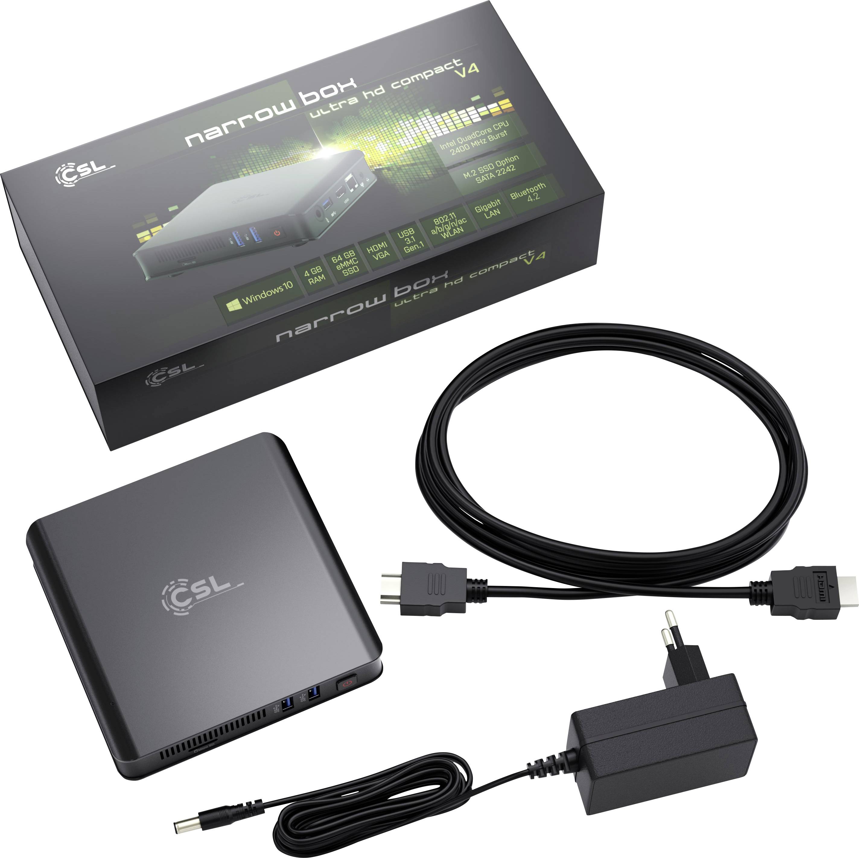 CSL Computer Mini PC Narrow Box Ultra HD Compact v4 Intel® Celeron® N4120 2.6 GHz 128 GB eMMC Win 10 Home 81563-4