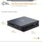 Small, black mini PC with multiple ports on one side. Text: 'Compact dimensions, Height: 36 mm, Width: 121 mm, Depth: 121 mm.'