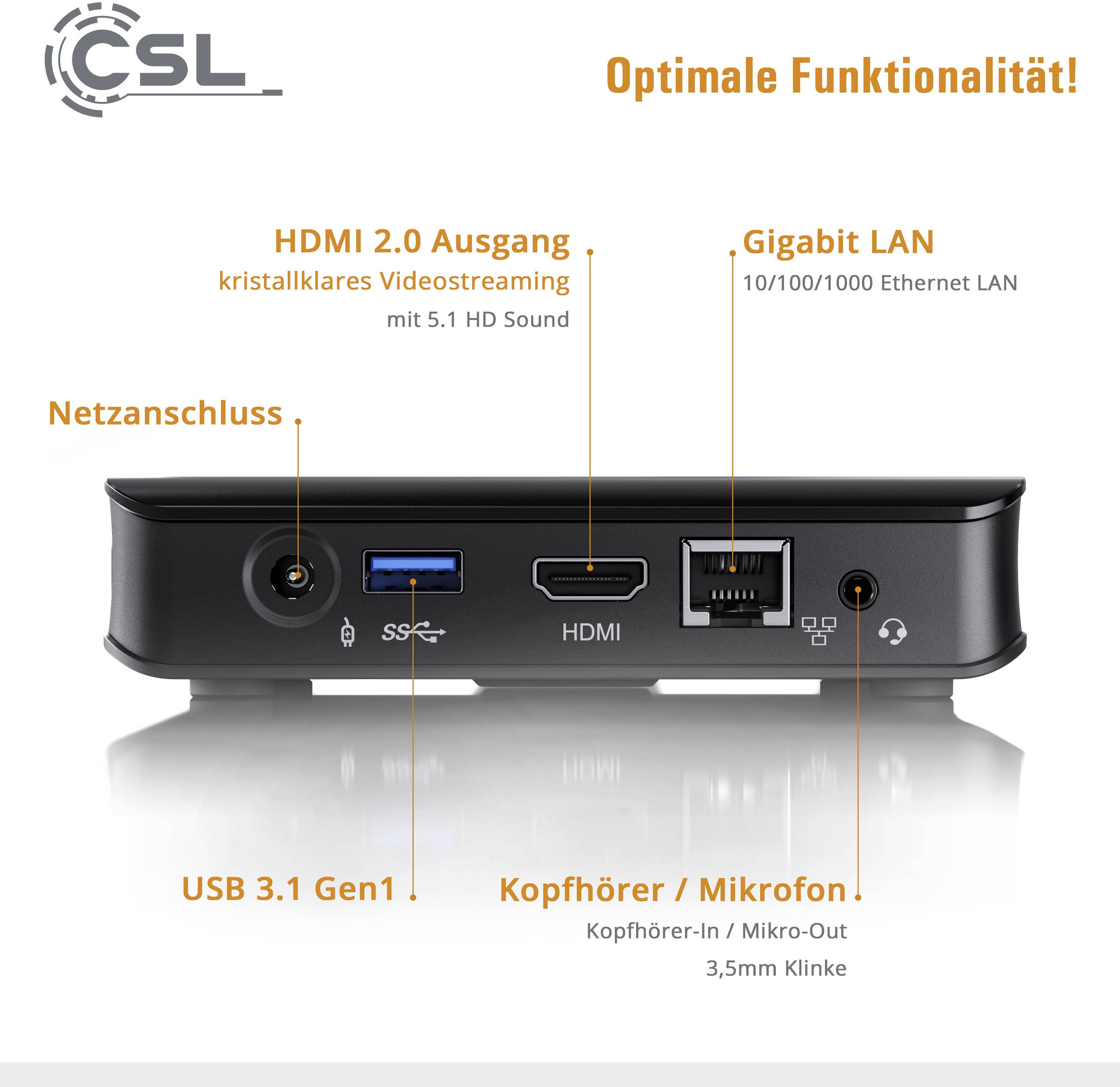 Back of a device with connections: HDMI 2.0, Gigabit LAN, Power socket, USB 3.1 Gen1, Headphone/Microphone. Text: 'Optimal functionality!'