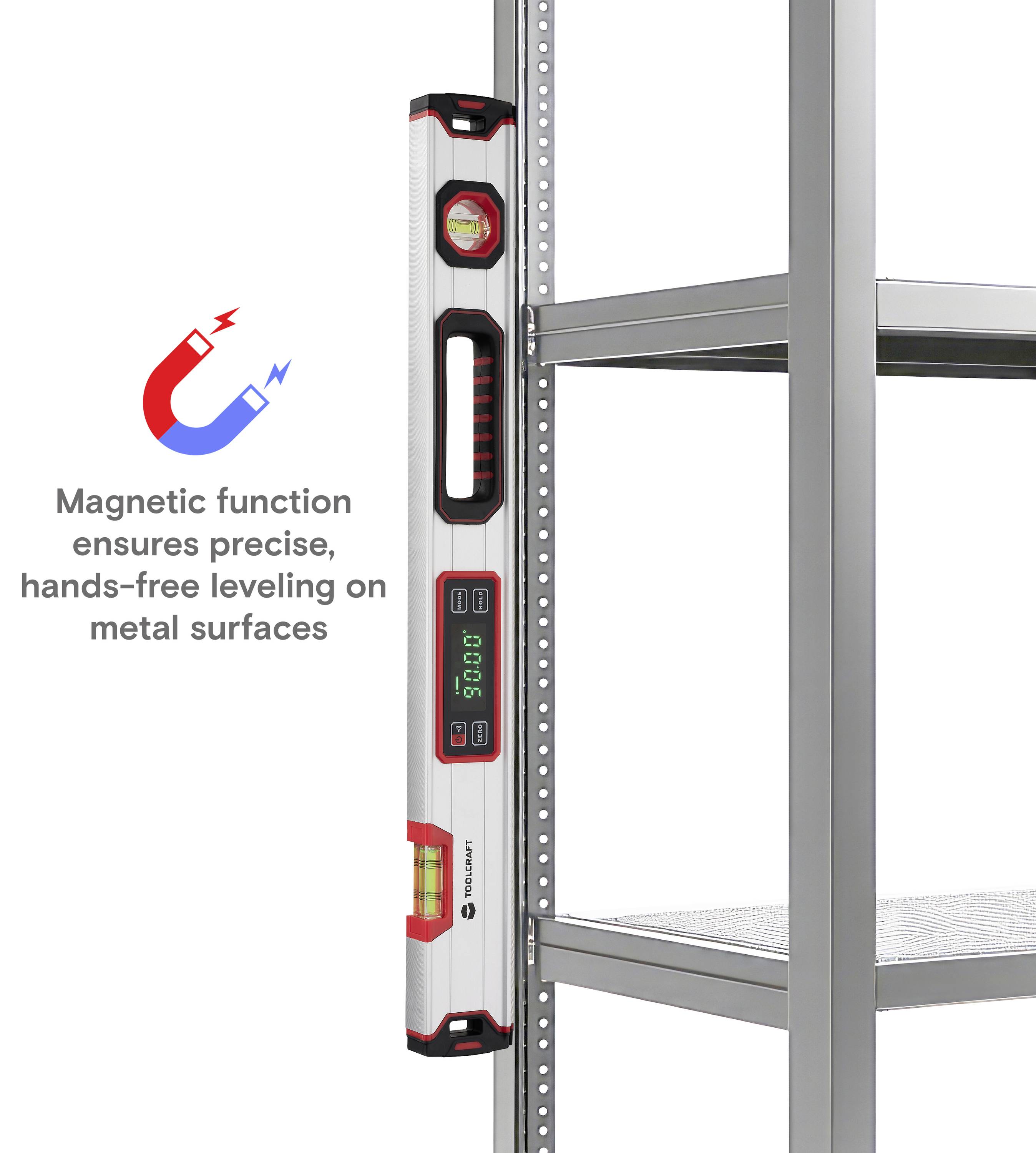 A spirit level with magnetic functionality is attached to a metal shelving unit. Text describes the function: 'Hands-free levelling'.