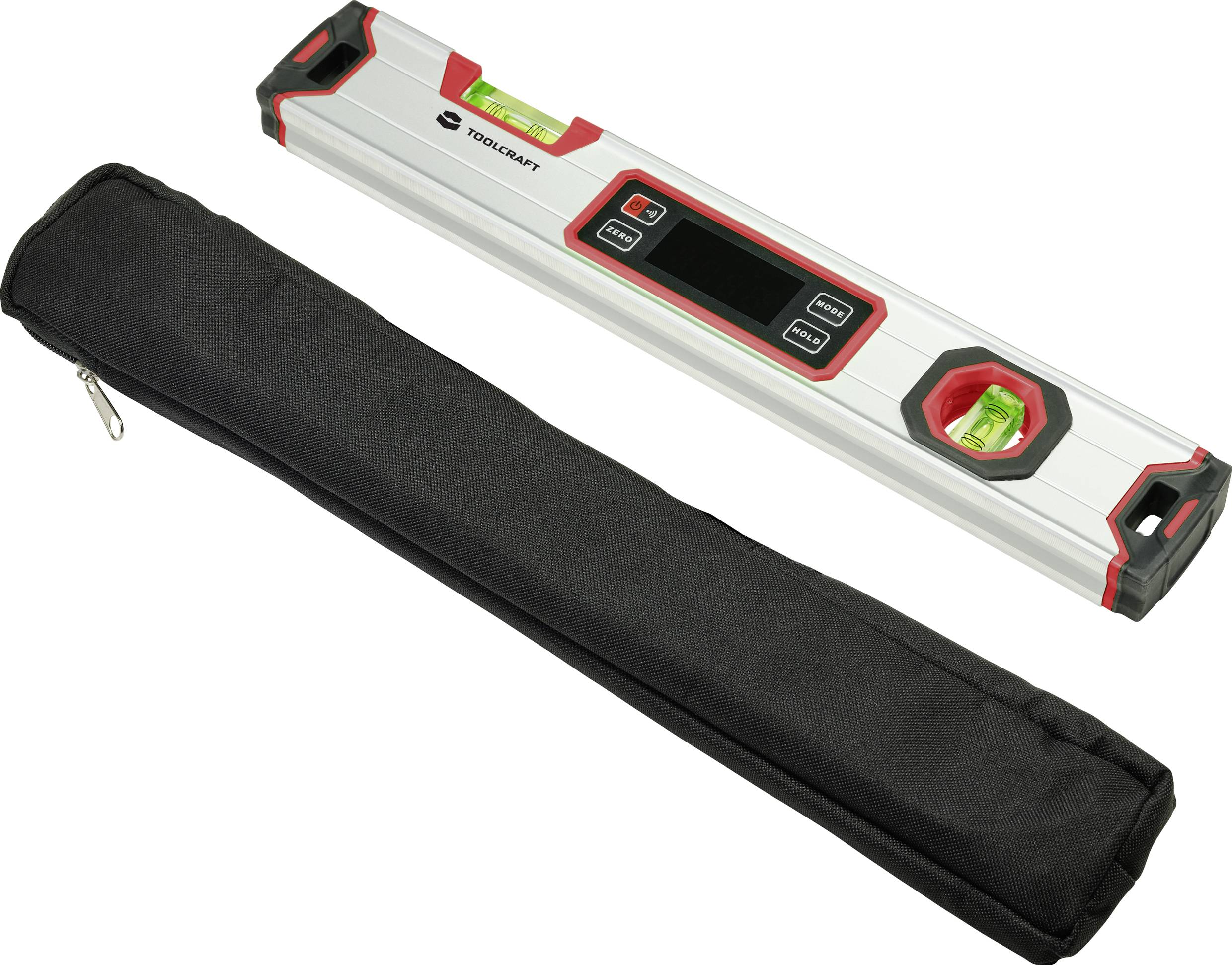 Digital Spirit Level with Pouch. Spirit level displays a digital readout on the top surface and contains levelling vials at both ends.
