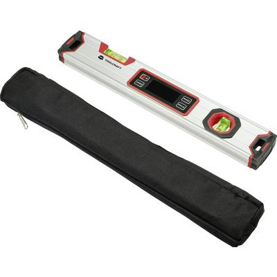Digital Spirit Level with Pouch. Spirit level displays a digital readout on the top surface and contains levelling vials at both ends.