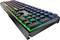 Computer keyboard with RGB lighting, black, showing various colourful lights on the keys. Ideal for gaming or office applications.