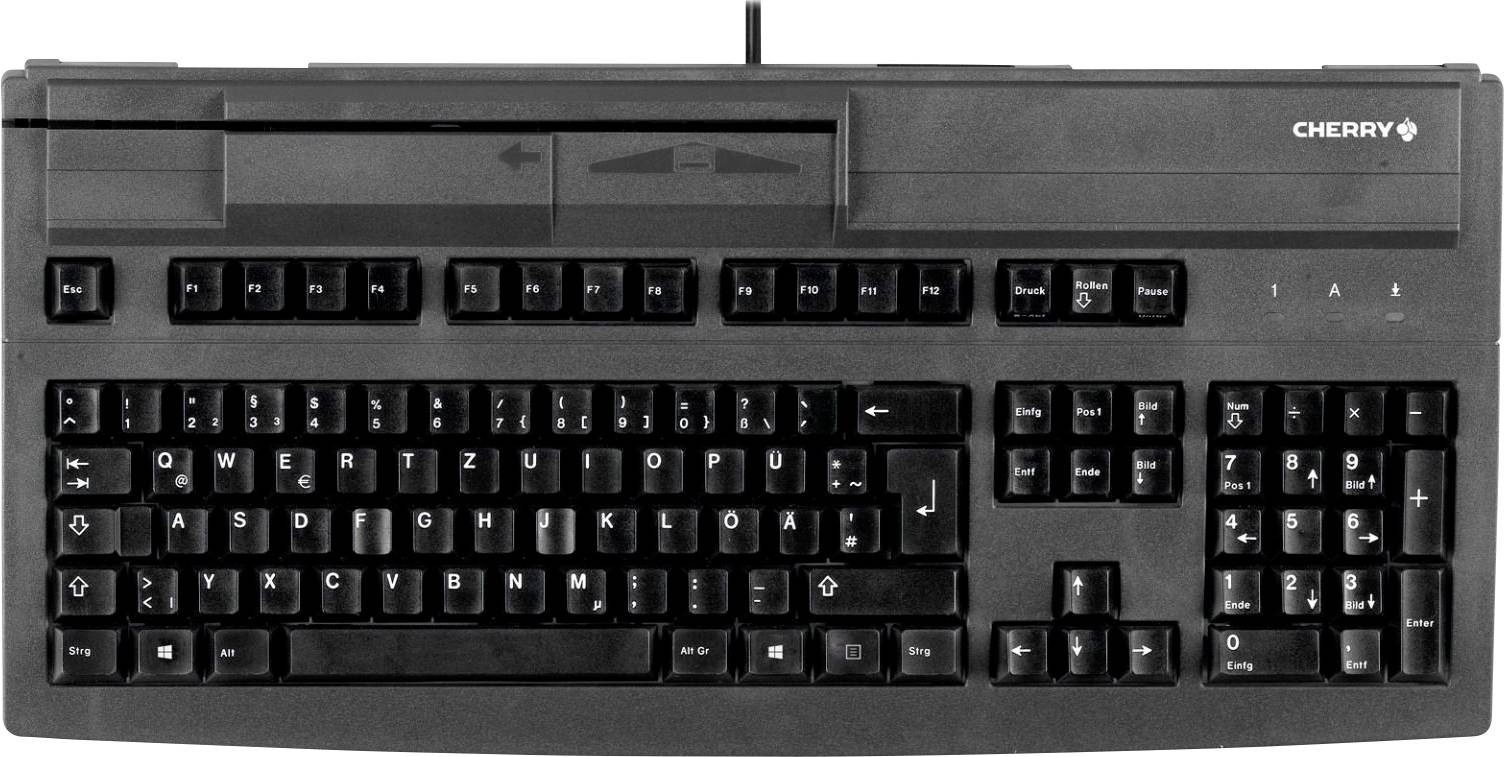 Black standard QWERTZ keyboard with function keys at the top. Wired, Cherry brand.