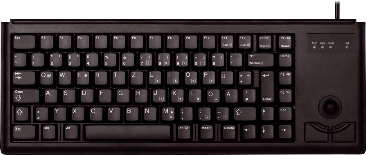 Black QWERTZ keyboard with integrated trackball located bottom right, practical design for limited space.