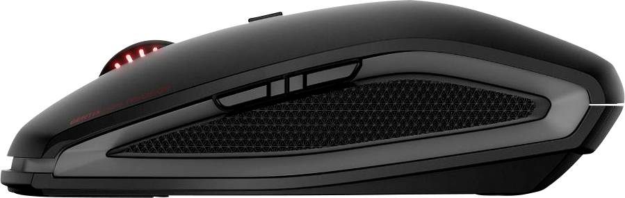 Black, ergonomic computer mouse with side buttons and red illumination detail on top. Suitable for gaming or precise work.