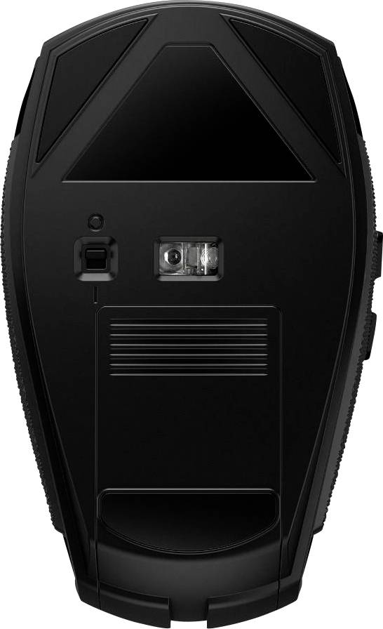 The underside of a black computer mouse with an optical sensor and switches, without a visible cable.