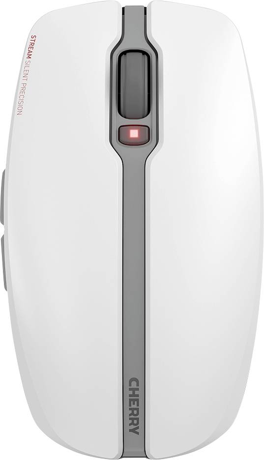 White computer mouse with grey scroll wheel and red sensor light, brand name 'CHERRY' on the front.<br><br>Note: In this case, the translation is very close to the original German text, as it describes a specific object with minimal linguistic variation.