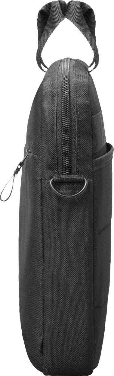 A sleek black laptop bag with a zip and handles, viewed from the side. Perfect for transporting a laptop.