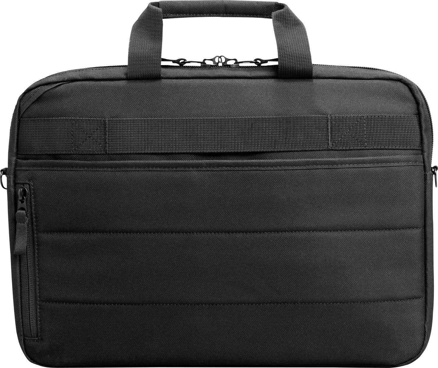 Black laptop bag with zip fastener and carry handle, suitable for transporting and protecting laptops.