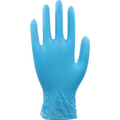 A blue disposable latex glove with five fingers, standing upright.