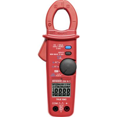 Red digital multimeter with clamp function for measuring current, voltage and resistance. LCD display shows '00.0' with multiple setting options.