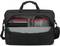 Black messenger bag with main compartment open. Inside, red accents and multiple compartments for laptop, accessories and essentials are visible.