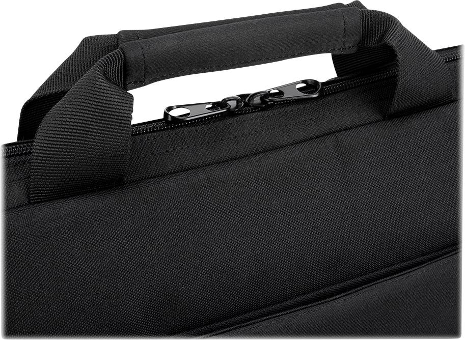 A black briefcase with a top zip and a fabric carry handle. Ideal for transporting documents.