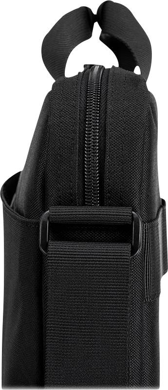 Black fabric bag with zip, shown vertically, highlighting the seams and texture of the material.