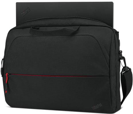 Black laptop bag with a red zip, with a laptop partially visible inside. The bag has a shoulder strap.