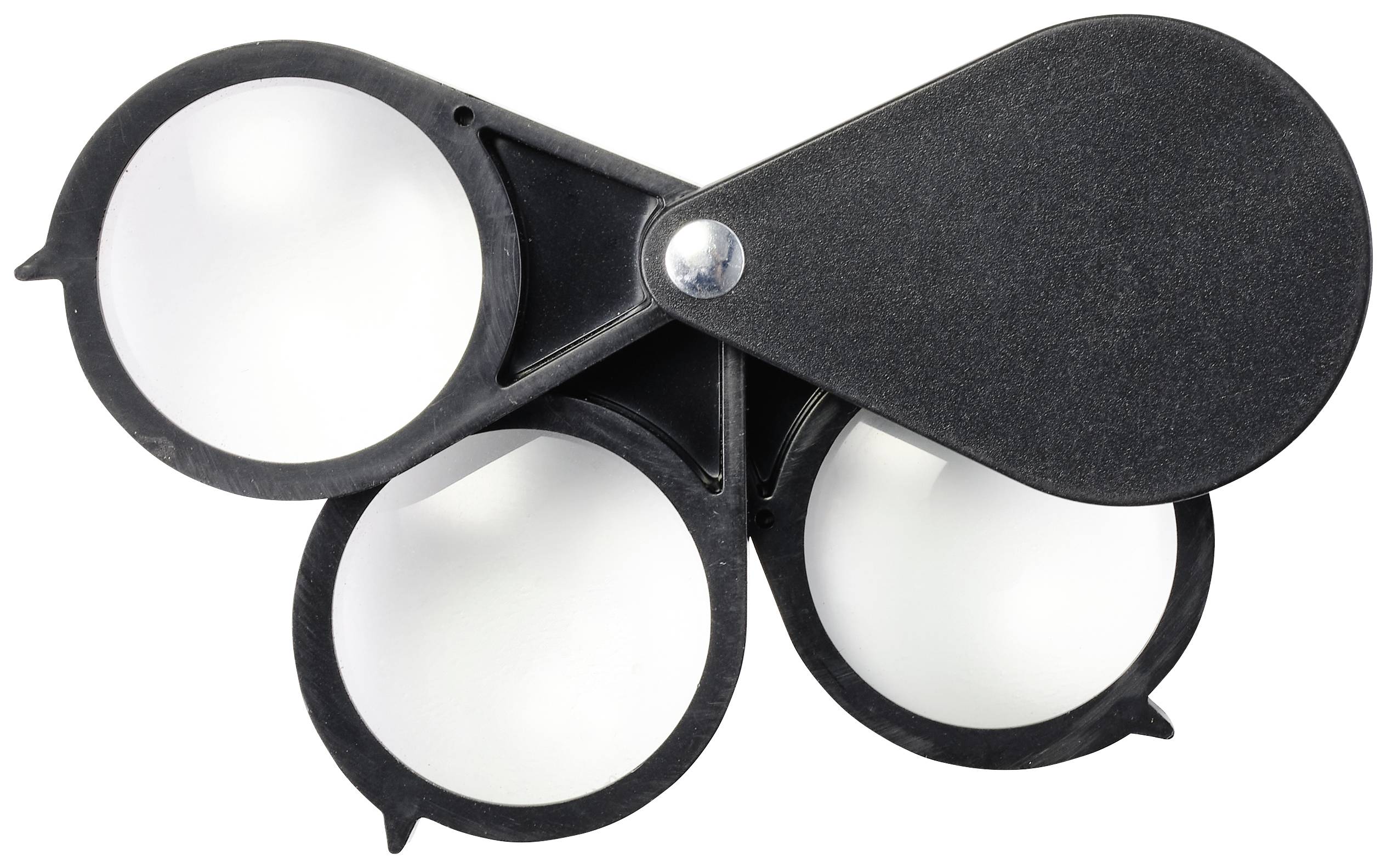 'Triple magnifying glass with black plastic frames and foldable lenses, suitable for close-up viewing of small objects or texts.'