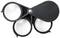 'Triple magnifying glass with black plastic frames and foldable lenses, suitable for close-up viewing of small objects or texts.'