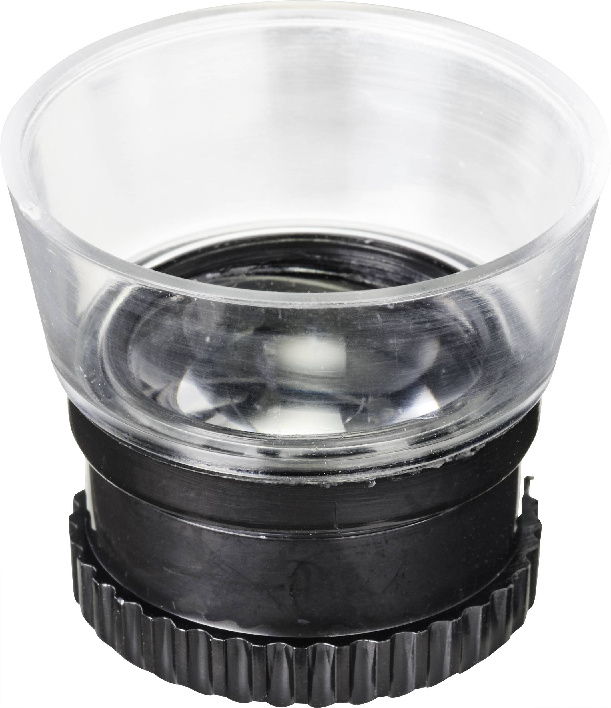 Plastic magnifying glass with a transparent lens and black frame, suitable for examining small objects.