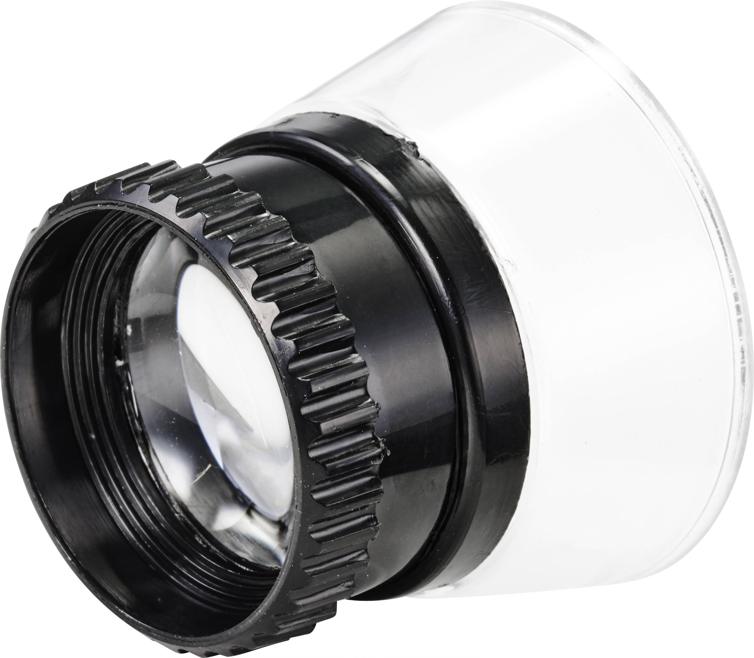 A black magnifying glass with a serrated edge and transparent casing, which provides a magnified view.