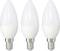 Three white LED light bulbs with E14 screw thread, standing side by side. Ideal for energy-efficient lighting solutions.