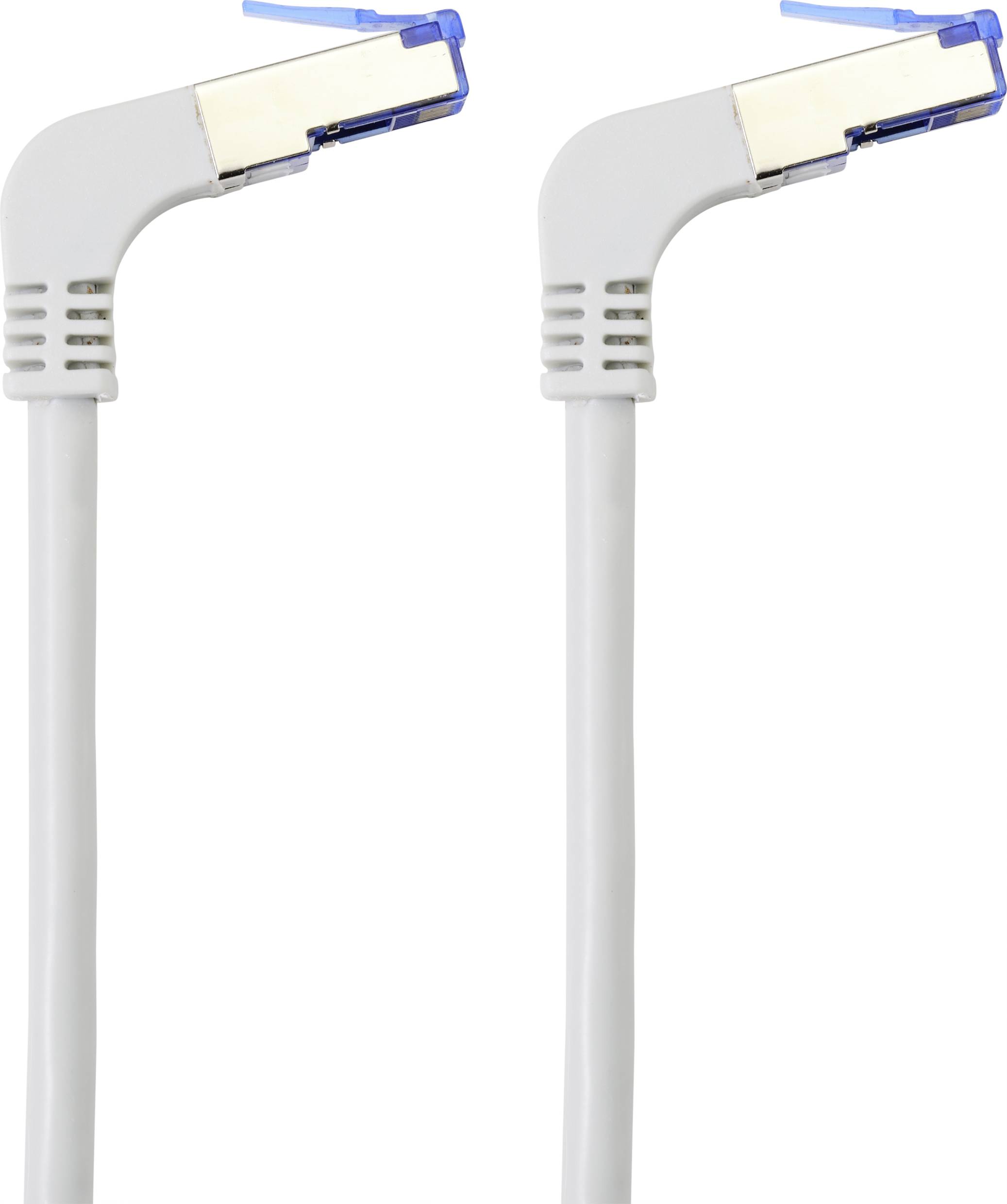 Two white network cables with angled plugs and blue clips.