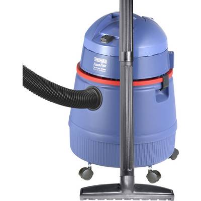 A blue vacuum cleaner with a red accent and a black hose stands on wheels. The vacuum cleaner has a long, curved nozzle.