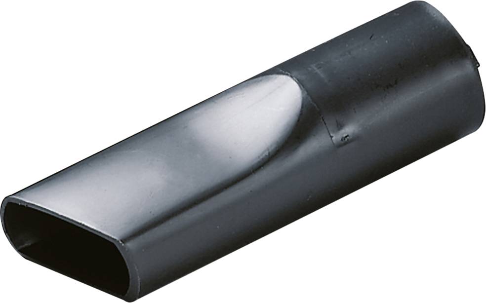 A black plastic pipe with an oval cross-section, smooth and uniformly shaped.