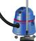 A blue floor vacuum cleaner with a black hose and a suction nozzle. The vacuum cleaner is standing on wheels.