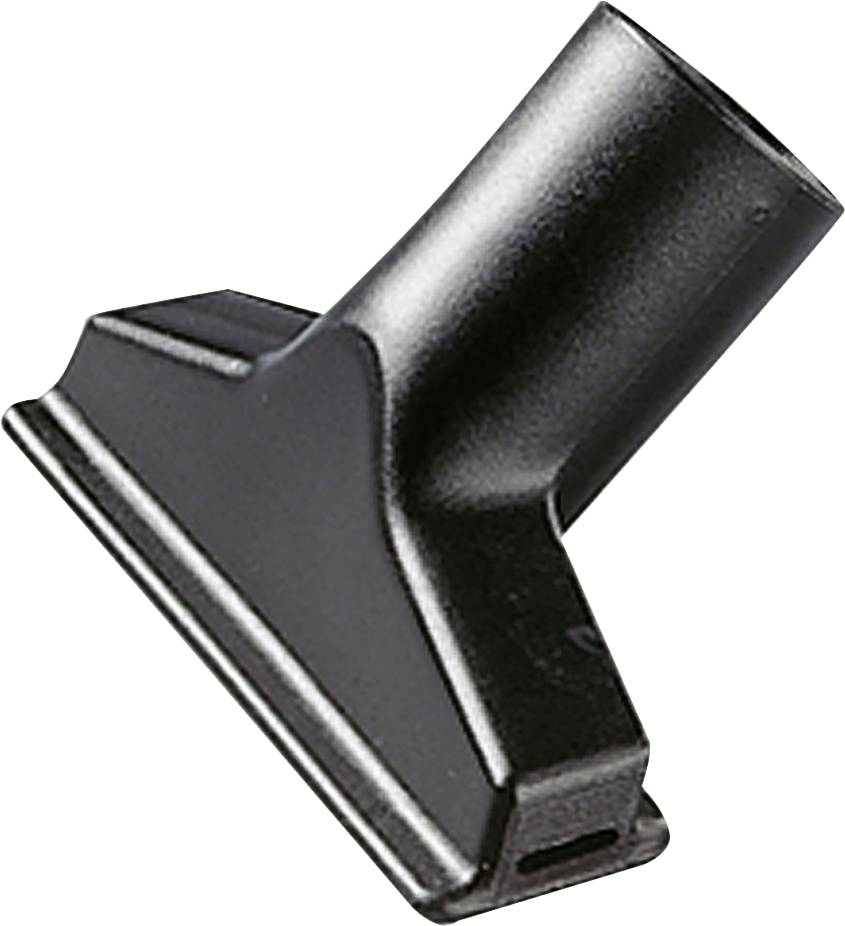 Black plastic vacuum nozzle with a wide flat attachment and angled neck, suitable for upholstery cleaning.